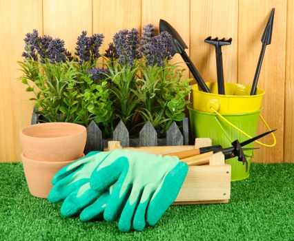 A neatly arranged garden scene showing several potted lavender plants with purple flowers placed against a wooden fence, complemented by a green plastic bucket containing gardening tools such as a trowel, fork, and rake. In front of the pots, a wooden crate holds a pair of blue gardening gloves, and beside it, a small terracotta pot sits empty. The ground surface consists of well-maintained artificial grass, providing a vibrant green base for the gardening tools and accessories. The scene depicts a tidy outdoor space suitable for gardening maintenance in Bayswater, with natural lighting suggesting fair weather conditions, emphasizing readiness for planting or garden upkeep activities. This setup reflects professional gardening care offered by companies like Garden Maintenance Bayswater, demonstrating an organized approach to outdoor garden management.